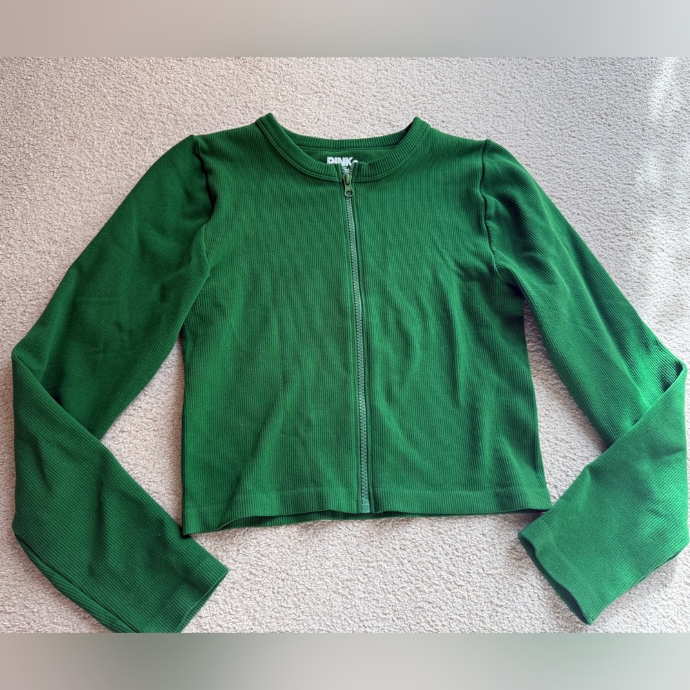 Pink Dot Green Full Zip Ribbed Knit Long Sleeve Top Tee Shirt Blouse Cropped XL